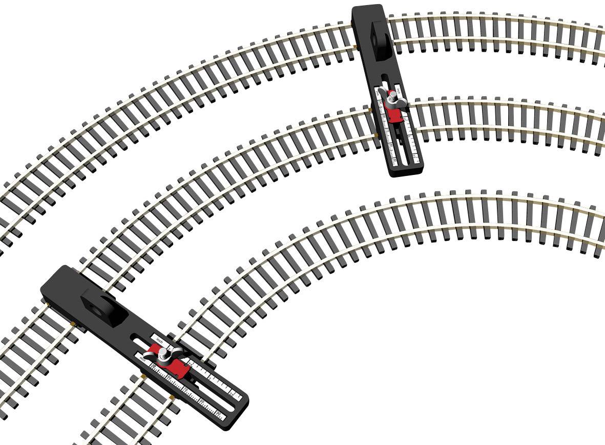Deux rails de chemin de fer modélisme courbés avec des aiguillages permettant de changer la direction des trains.