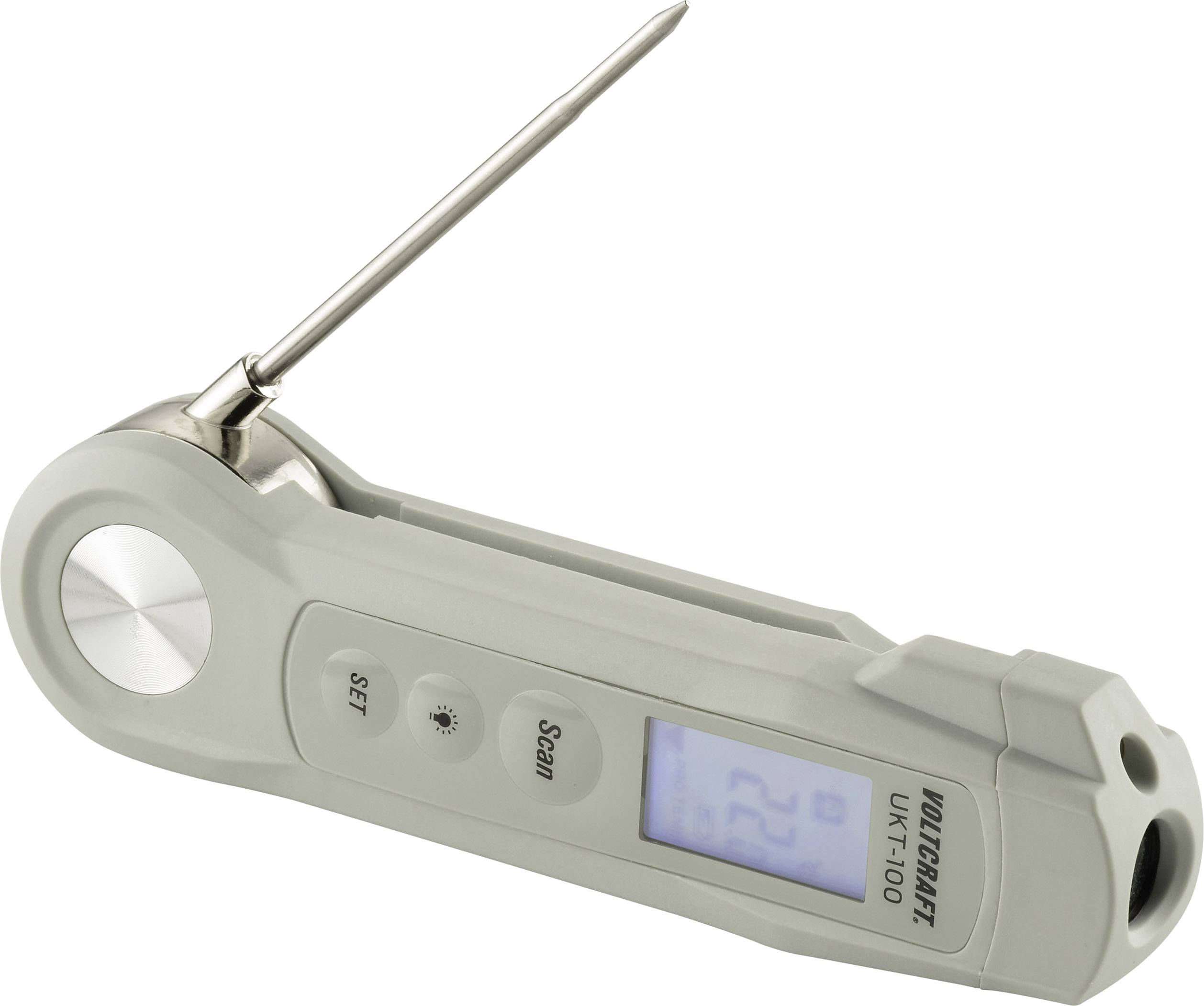 Thermomètre manuel avec aiguille de mesure et affichage numérique. Indique les températures. Deux touches 'Set' et 'Scan' pour le fonctionnement.