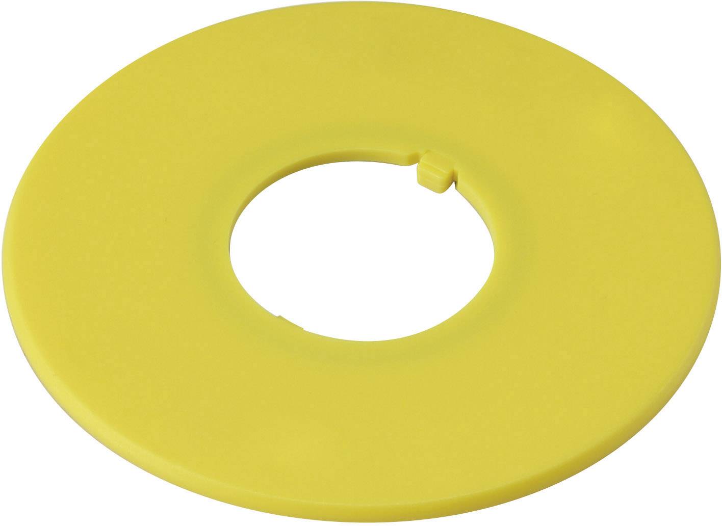 Un anneau en plastique jaune et rond avec un trou au centre, probablement un accessoire ou une pièce de rechange.