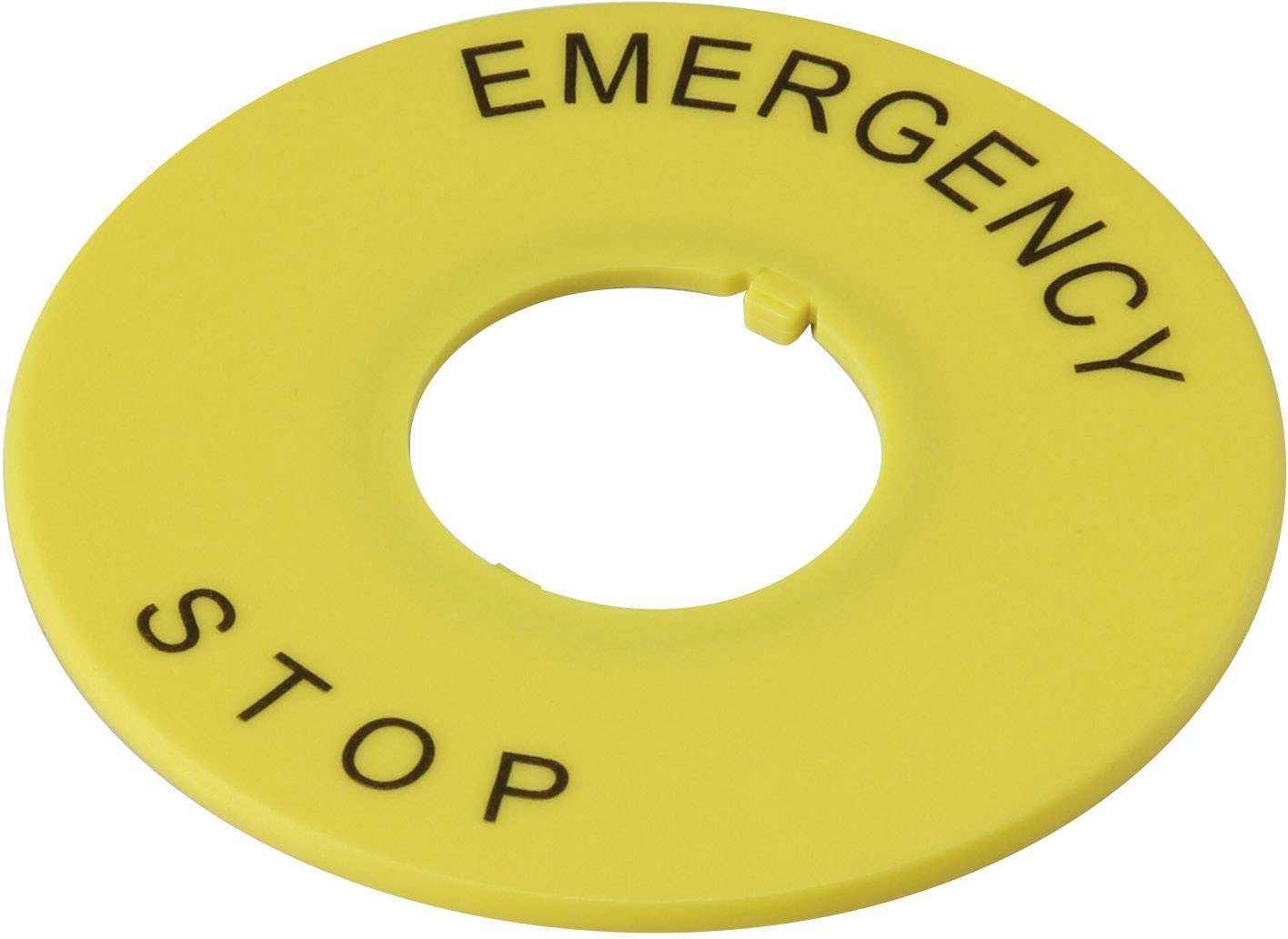 Un anneau jaune portant l'inscription 'EMERGENCY STOP'. L'anneau pourrait faire partie d'un mécanisme d'arrêt d'urgence destiné à immobiliser des machines.