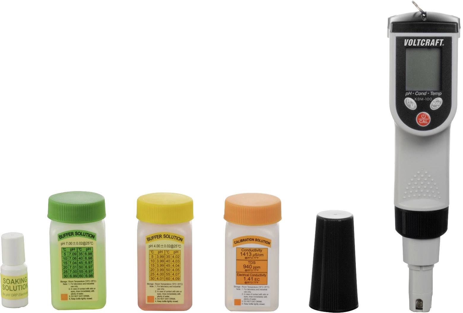 Kit de mesure de pH numérique avec capteur de pH et quatre flacons de couleurs contenant des solutions tampons pour l'étalonnage. Comprend également un capuchon de protection.