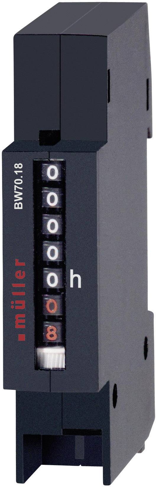 'Image d'un compteur horaire noir avec affichage des chiffres en blanc et logo rouge de la marque Müller.'