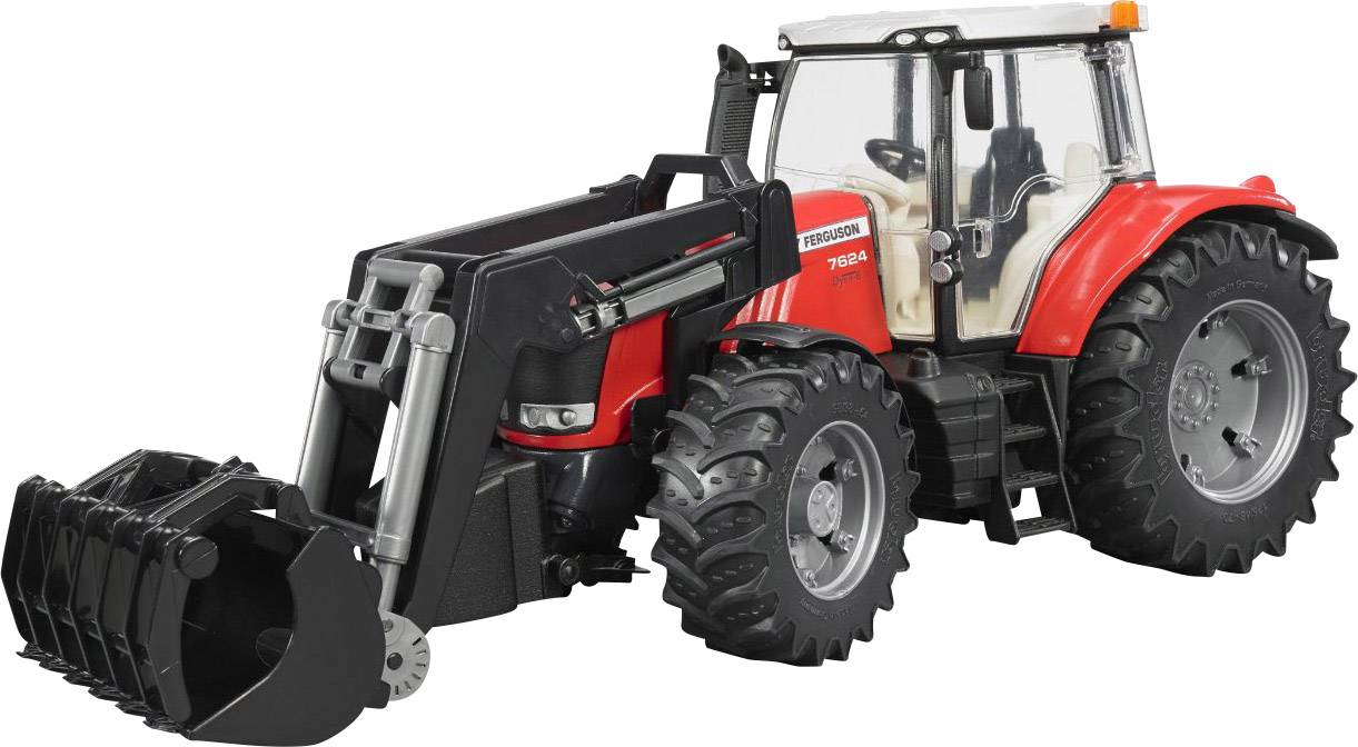 Tracteur rouge avec chargeur frontal imposant, pneus robustes et cabine vitrée ; adapté aux travaux agricoles.