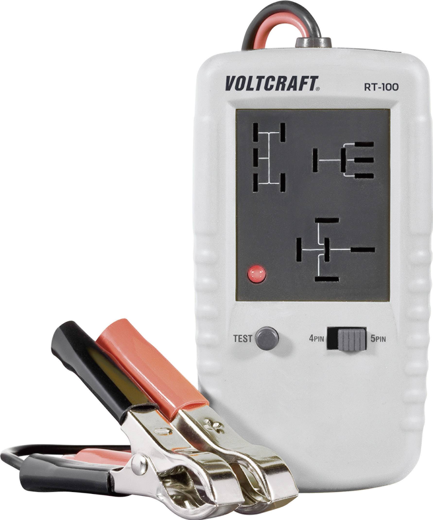 Testeur de câbles électrique 'VOLTCRAFT RT-100' avec deux pinces crocodiles, utilisé pour vérifier les lignes et connexions électriques.