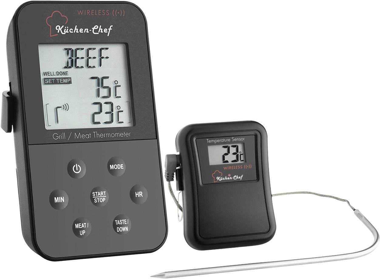 Thermomètre numérique pour viande avec deux appareils : l'appareil principal affiche 'BŒUF', température cible 75°C, température actuelle 23°C. Capteur avec affichage de la température.