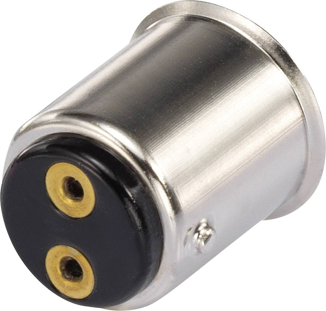 Un connecteur métallique à deux broches de forme cylindrique, avec un avant noir et des contacts dorés, adapté aux connexions électroniques.