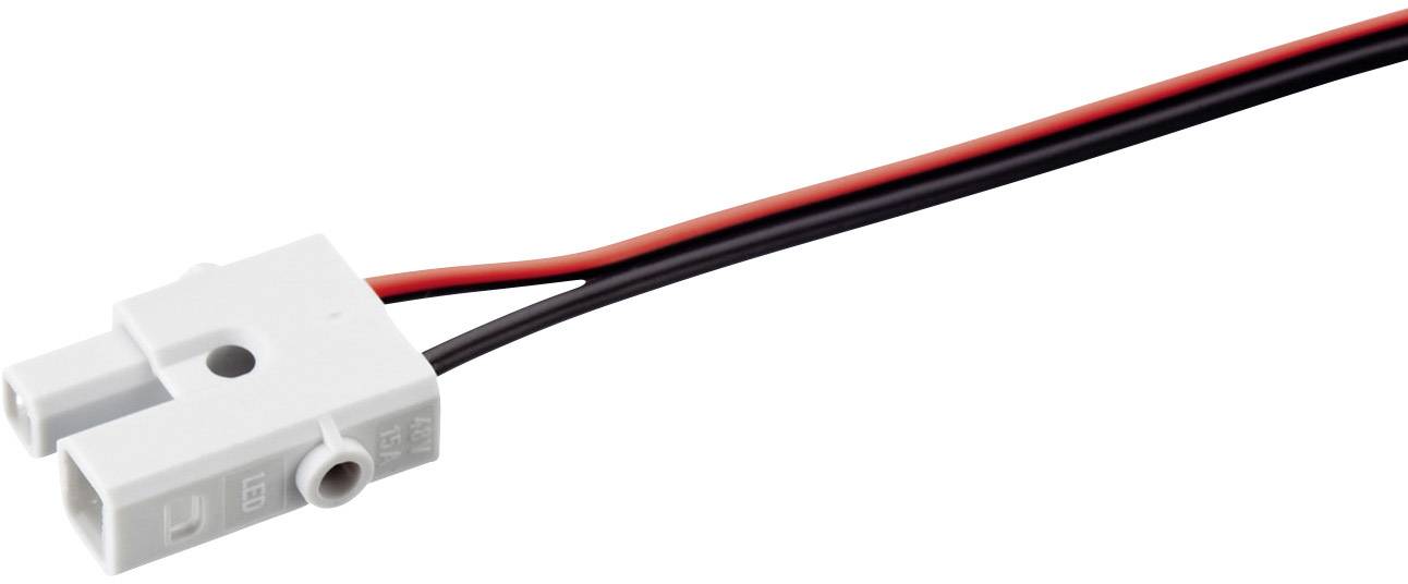 Un connecteur bipolaire blanc avec des câbles rouges et noirs, adapté pour les connexions électriques dans les appareils ou les circuits.