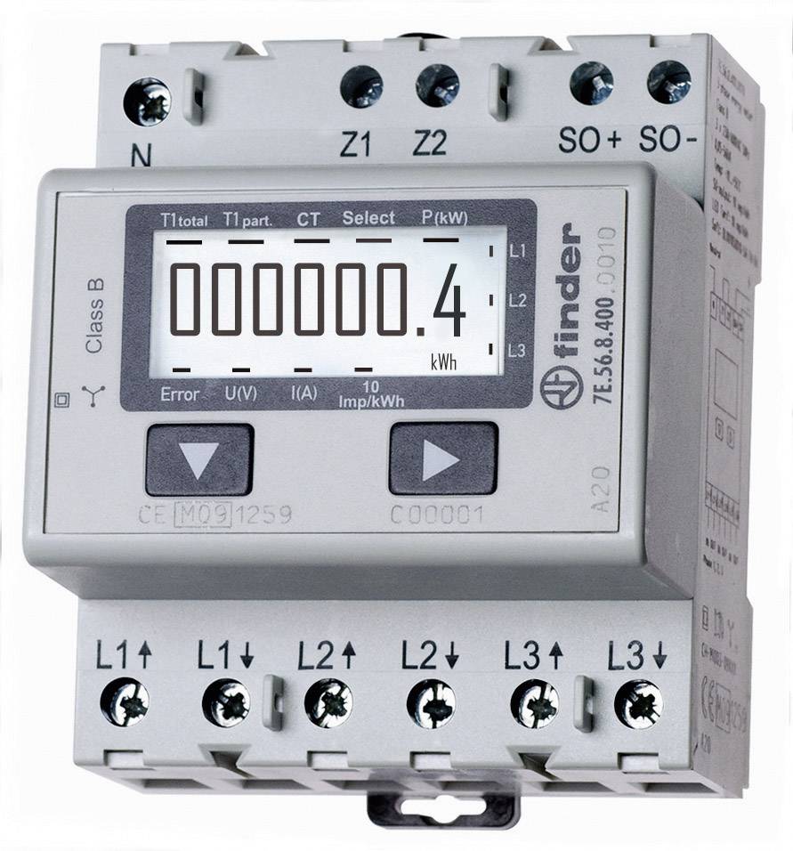 Un compteur électrique numérique sur fond blanc avec plusieurs bornes de connexion et un affichage indiquant '000000,4 kWh'.