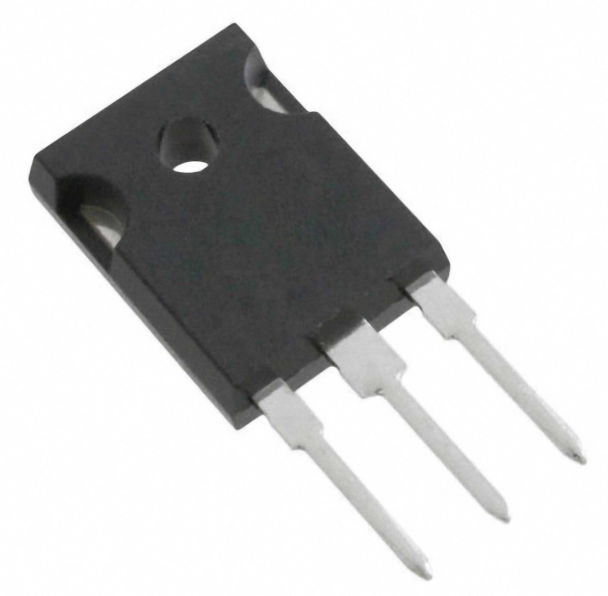 Un transistor électronique noir avec trois broches de connexion argentées, typiquement utilisé dans les circuits électroniques.