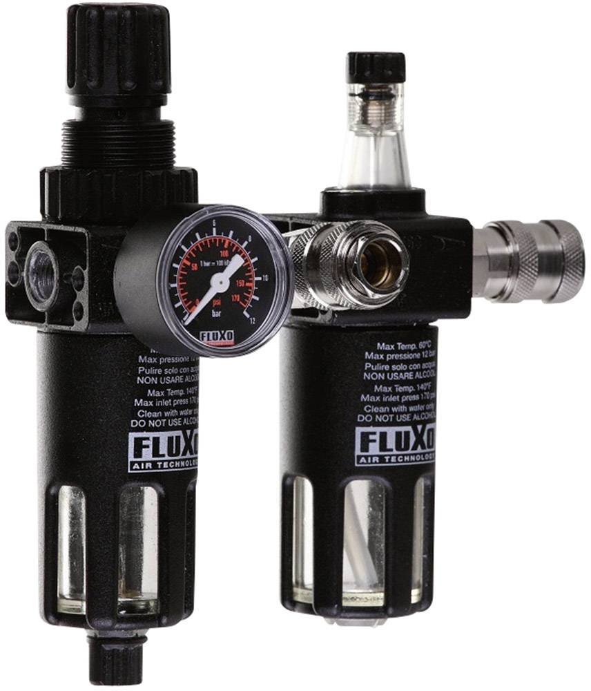 Régulateur pneumatique avec deux boîtiers cylindriques noirs et un manomètre, indiquant la pression d'air en bar. Adapté aux applications industrielles.