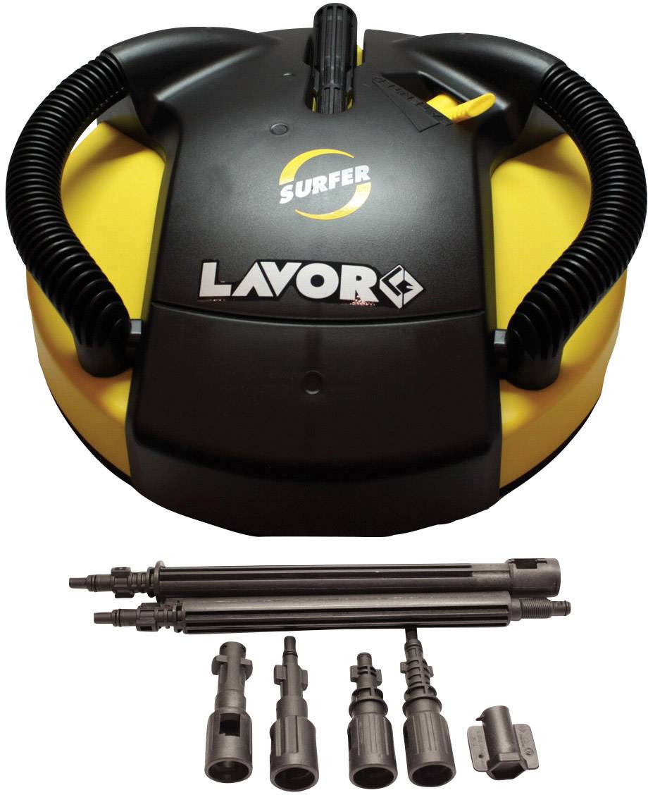 Embout de nettoyeur haute pression jaune et noir 'Surfer' de Lavor, doté de plusieurs buses et de rallonges disposées en dessous.