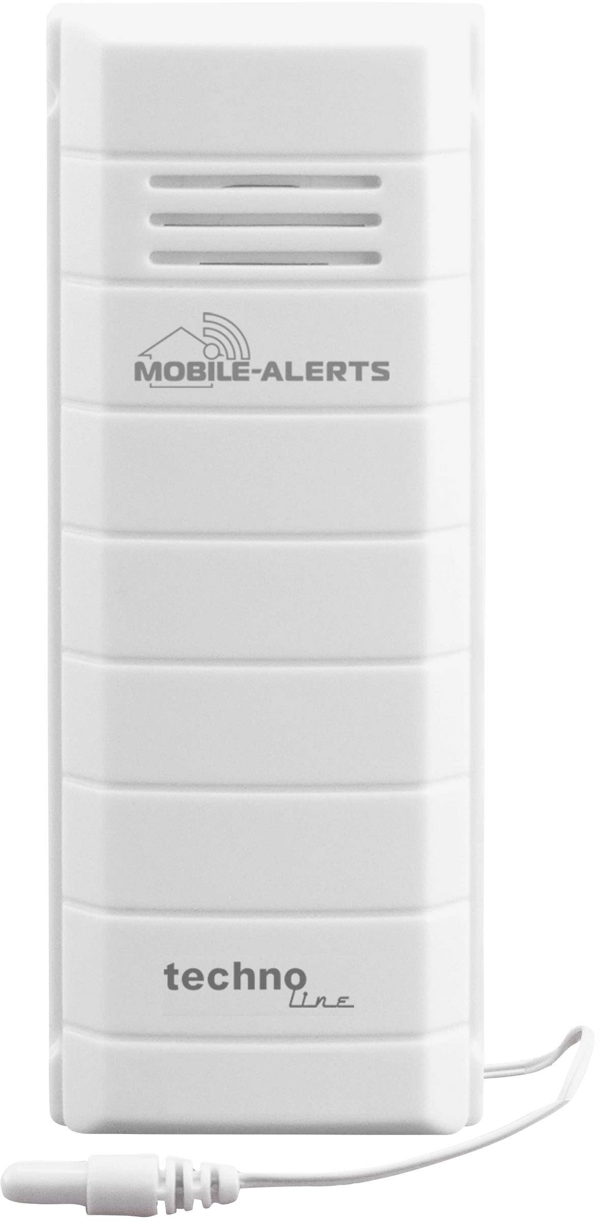 Capteur météorologique blanc rectangulaire de Mobile Alerts, avec le logo Techno Line, pour surveiller la température et l'humidité.