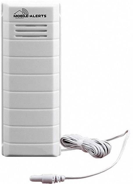 Un capteur de température blanc rectangulaire portant l'inscription 'Mobile-Alerts' et doté d'un câble connecté pour la transmission de données.