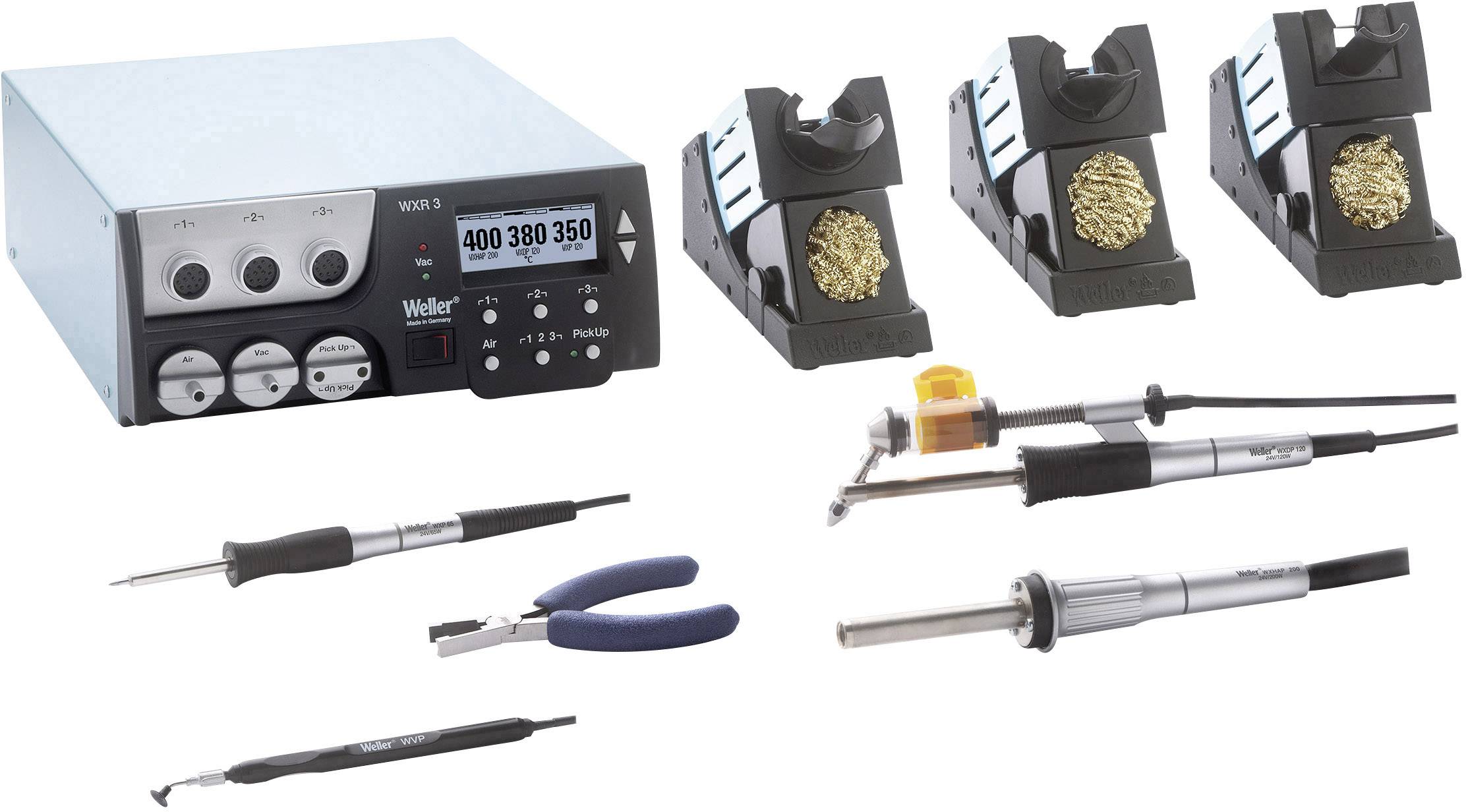 Station de soudage professionnelle avec outils de soudage, supports de nettoyage et pince. Idéale pour des travaux électroniques précis.