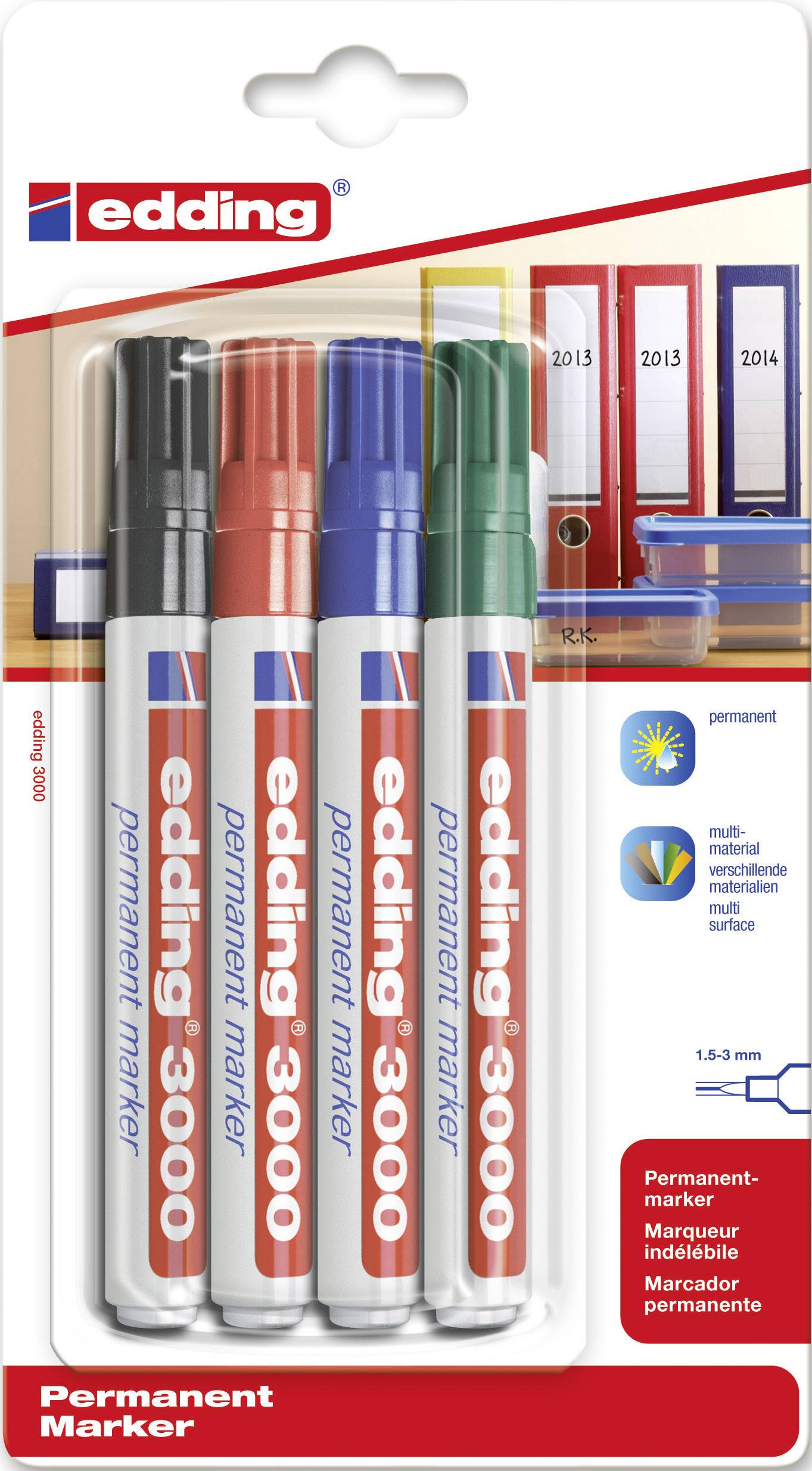 Edding 3000 4-3000-4 Marqueur permanent bleu, vert, rouge, noir résiste à l'eau: oui