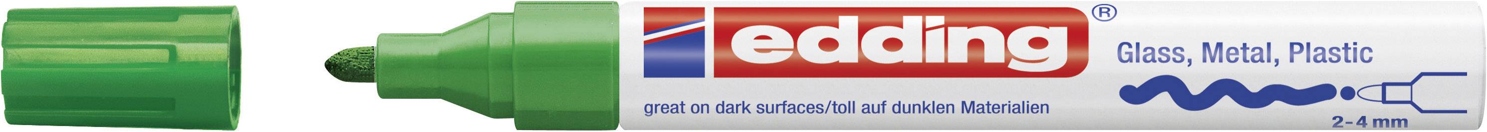 Marqueur permanent vert pour verre, métal, plastique, pointe de 2-4 mm, visible avec le capuchon retiré.