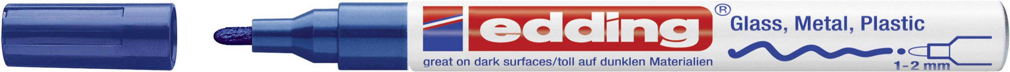 Un marqueur permanent Edding bleu portant l'inscription 'Verre, Métal, Plastique'. Capuchon retiré, pointe visible.