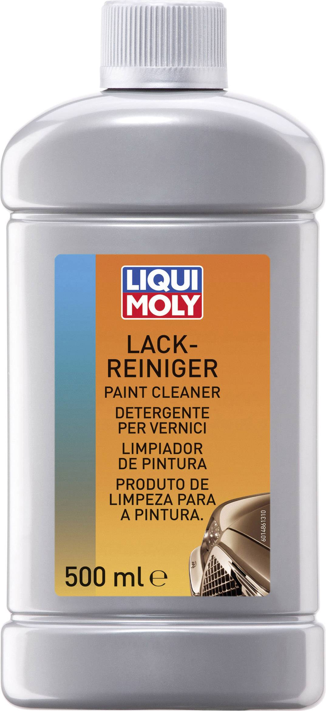 Une bouteille de nettoyant pour peinture Liqui Moly de 500 ml. Étiquette multilingue avec dégradé de couleurs et image d'une pièce automobile.
