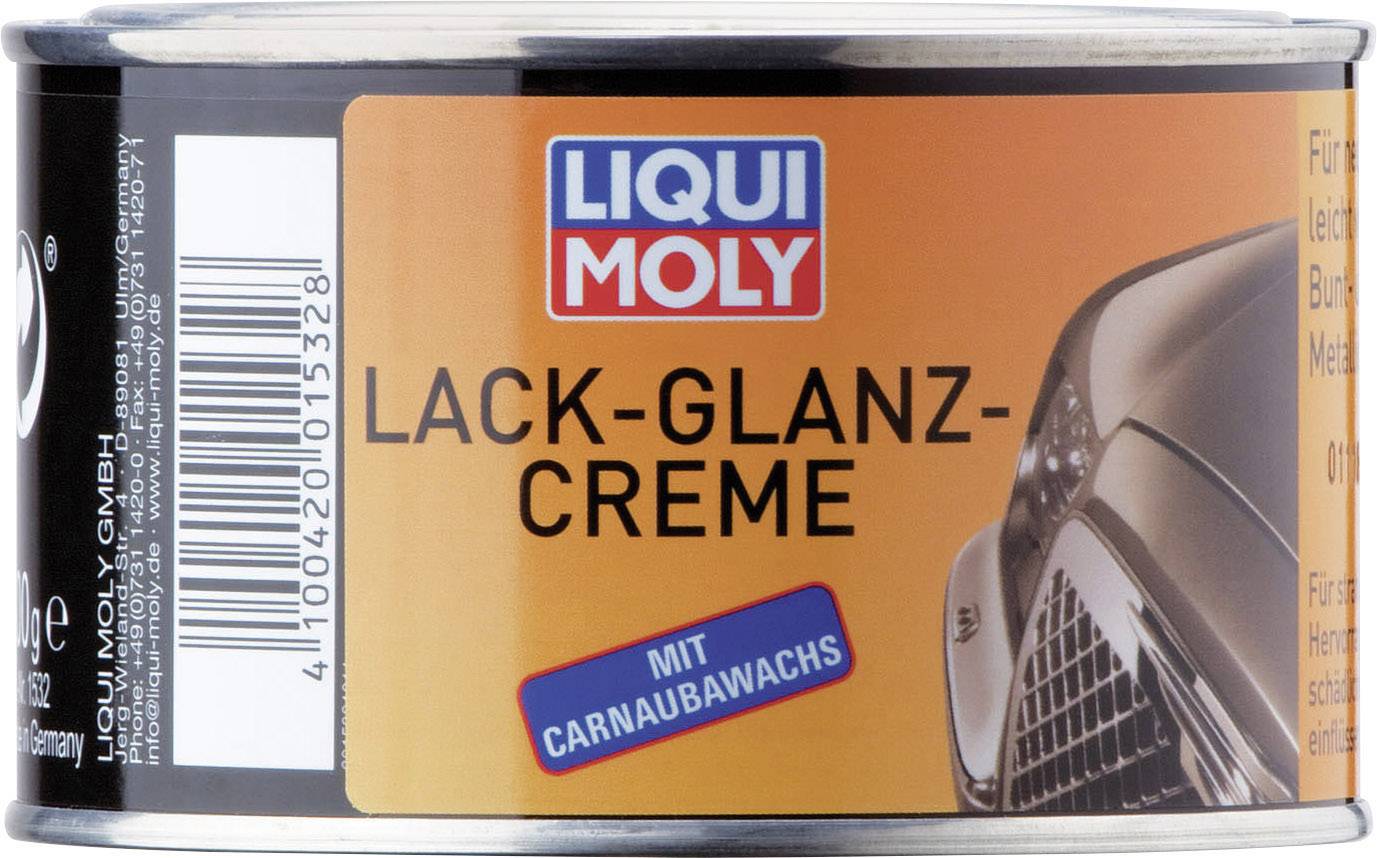 Boîte de crème Liqui Moly Lack-Glanz pour la finition, contenant de la cire de carnauba. Étiquetage en bleu, noir et blanc sur un fond orange.