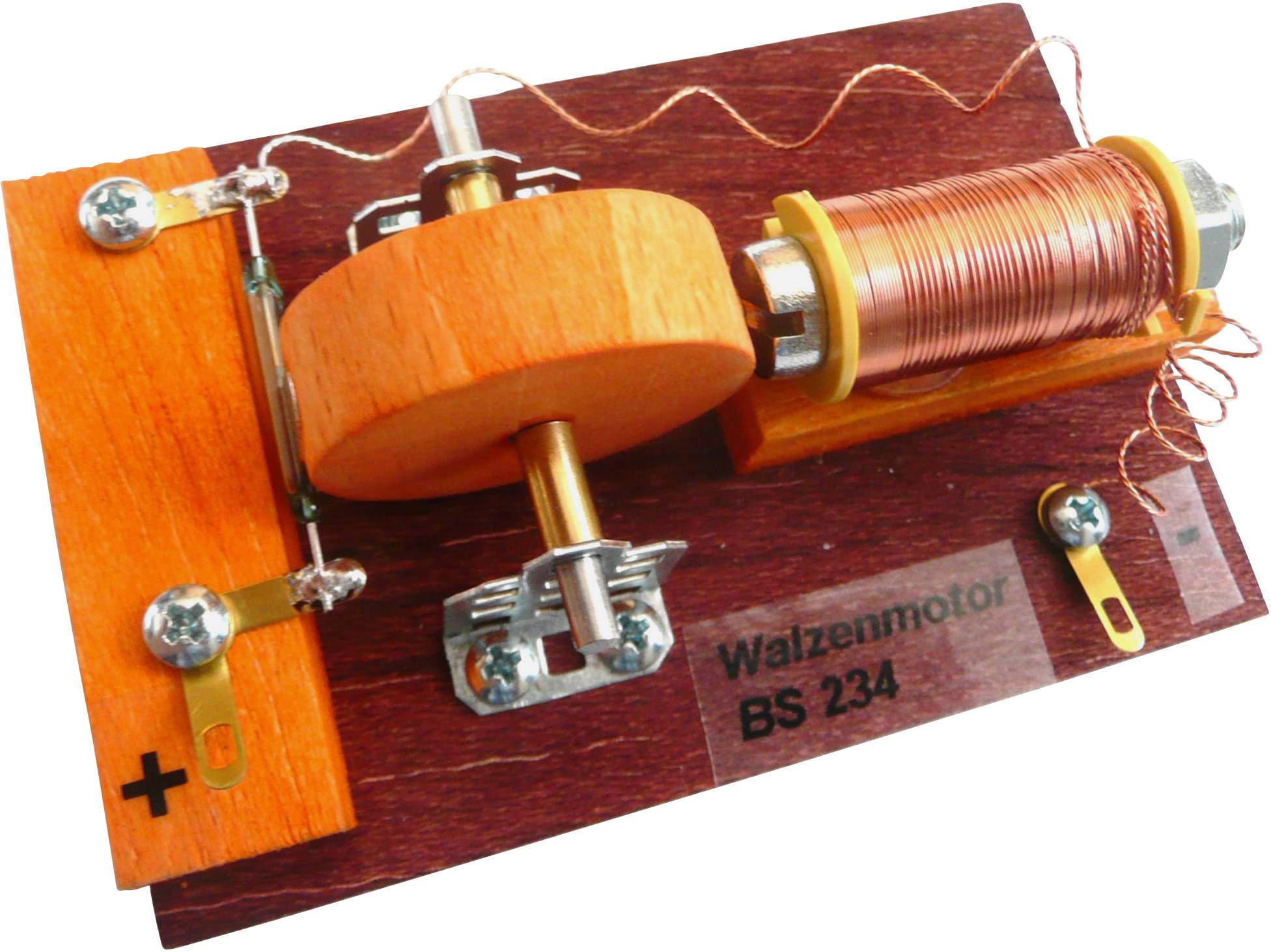 Illustration d'un moteur à rouleaux avec bobine de cuivre et éléments en bois, étiqueté 'Moteur à rouleaux BS 234'. Présente des composants électriques.