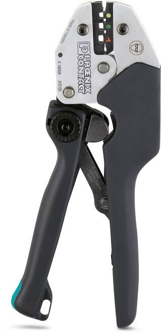Outil de sertissage manuel avec poignée noire et tête argentée, portant la marque 'Phoenix Contact', adapté pour le sertissage de connexions électriques.