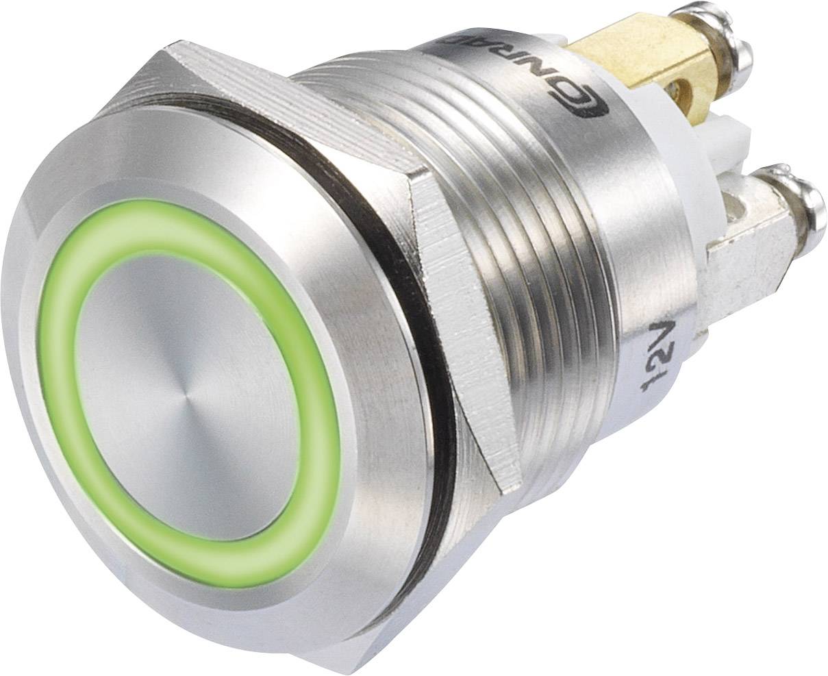 Interrupteur métallique avec bordure illuminée en vert, adapté aux appareils électroniques.