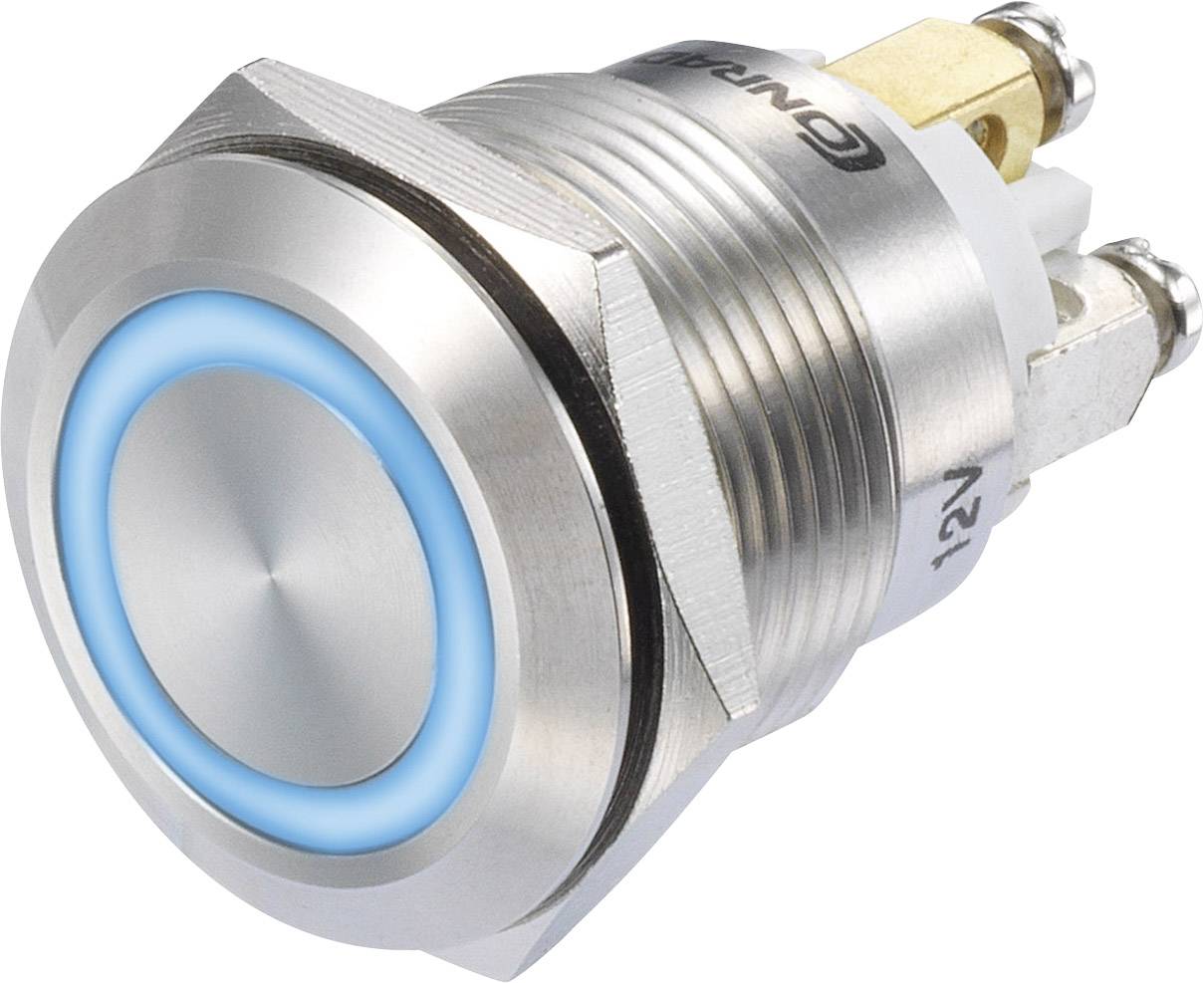 Un interrupteur à bouton-poussoir métallique avec anneau LED bleu, de forme cylindrique, adapté aux applications industrielles.