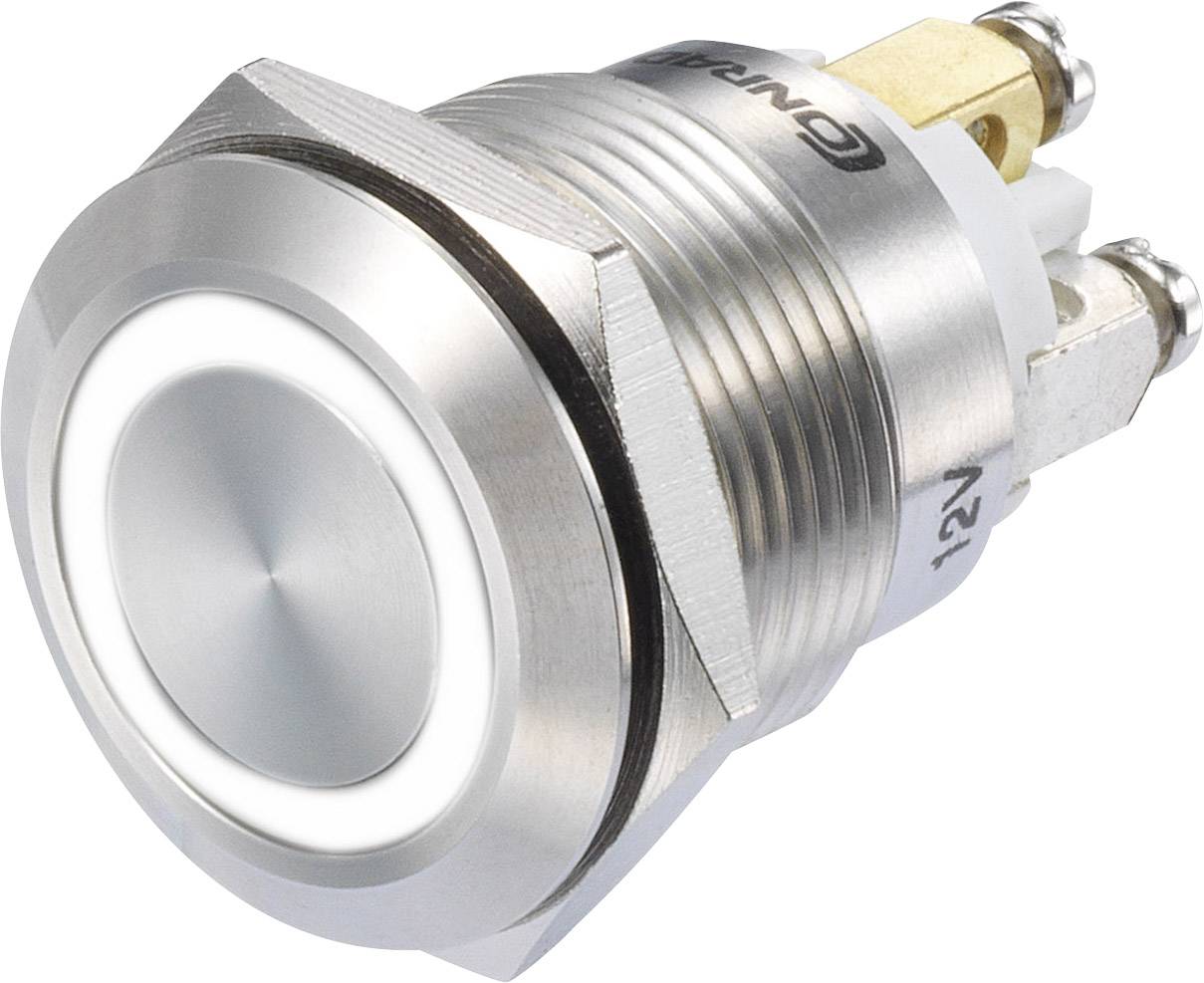 Un bouton-poussoir rond en argent avec boîtier métallique et anneau lumineux blanc ; adapté pour les appareils électroniques ou les panneaux.