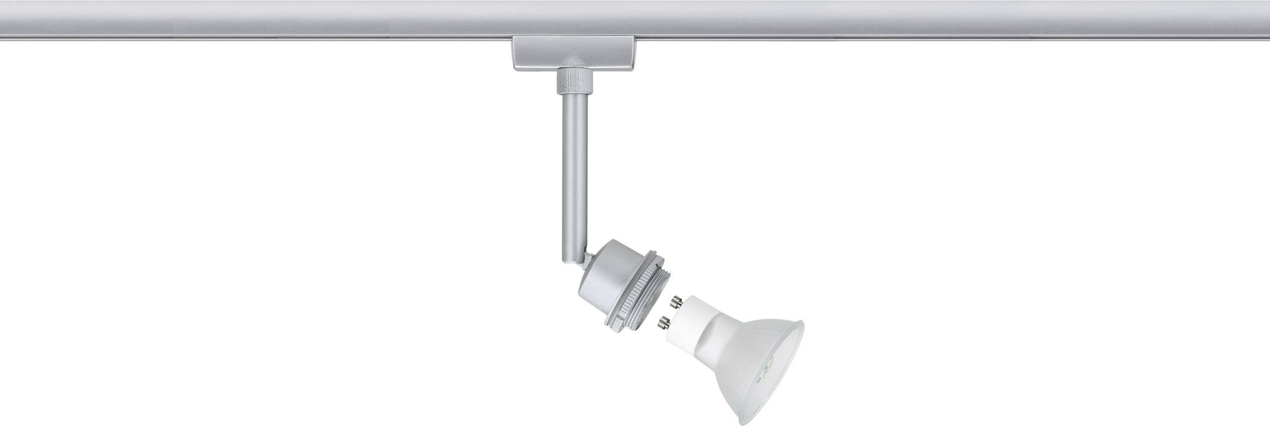 Plafonnier à tête orientable en métal, monté sur rail. Adapté pour un éclairage ponctuel dans les espaces intérieurs.