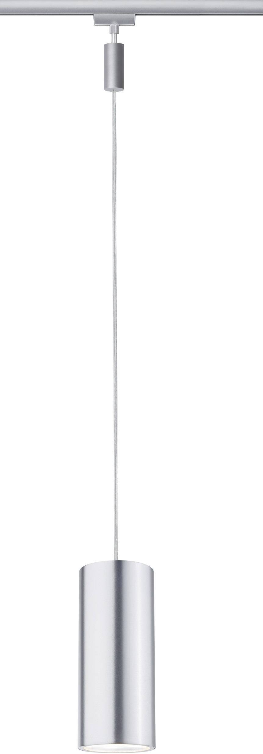 Un luminaire moderne argenté est suspendu au plafond, doté d'un abat-jour cylindrique et d'un câble fin.