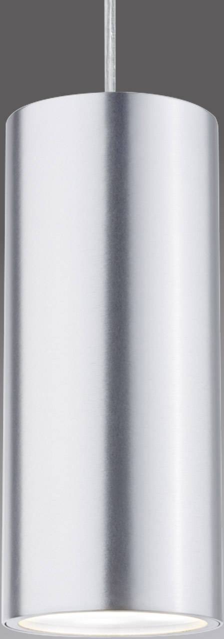 Suspension cylindrique moderne en métal avec surface lisse grise et câble apparent en partie supérieure.