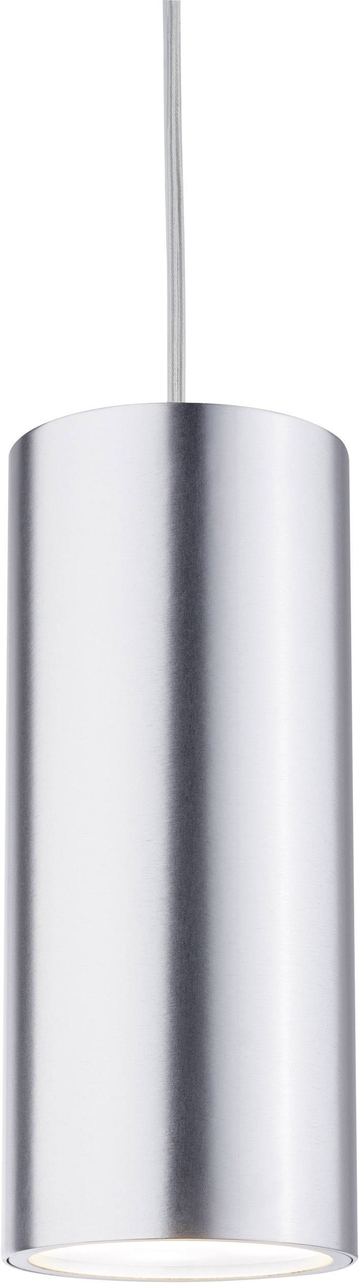 Une lampe cylindrique suspendue en matériau métallique. Le câble monte vers le haut. Design moderne et épuré.