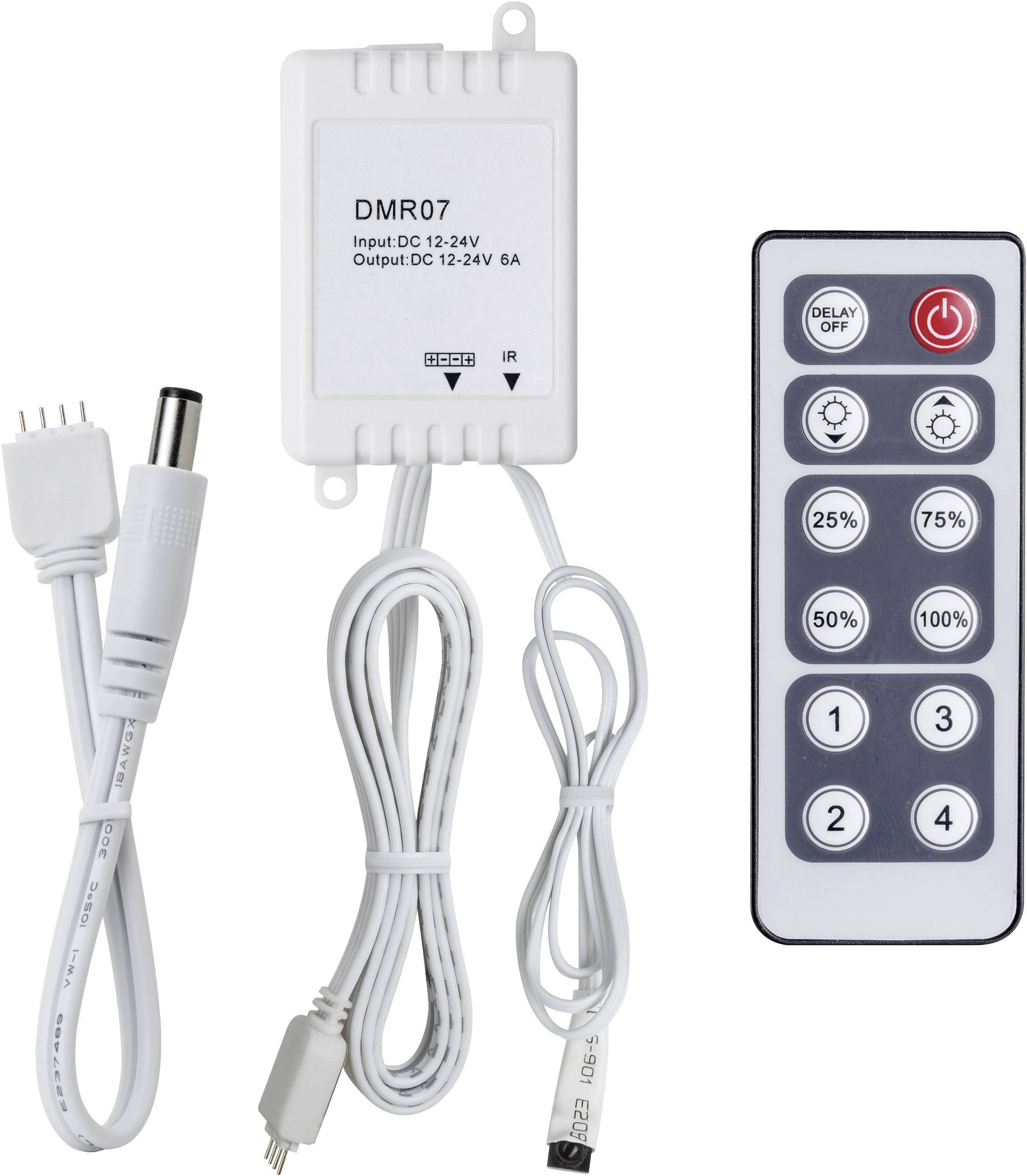 Kit variateur LED avec télécommande et câbles. Étiquettes : 'DMR07' et 'DELAY OFF', avec cinq niveaux de luminosité et bouton marche/arrêt.