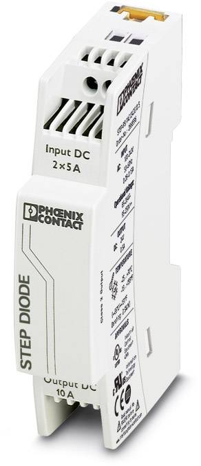 Diode de distribution « Step Diode » de Phoenix Contact, un composant électronique pour la distribution du courant continu, avec des entrées de 2x5A et une sortie de 10A.