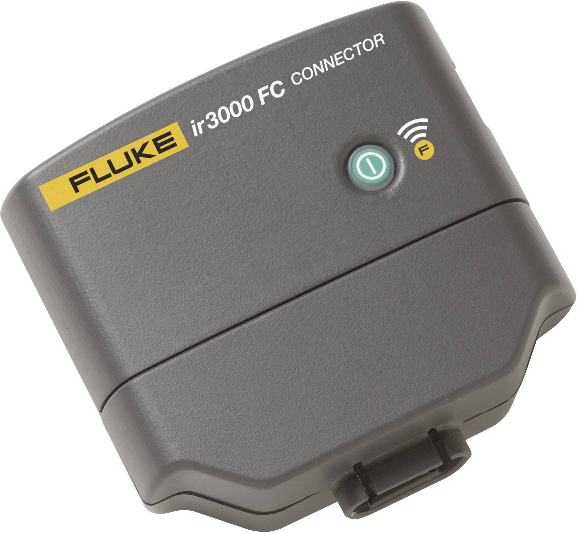 Un appareil de connecteur Fluke ir3000 FC noir avec un bouton vert lumineux, un symbole de communication sans fil intégré et le logo jaune de Fluke.