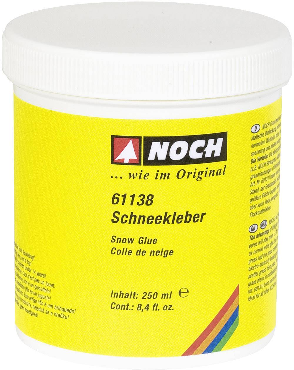 Récipient en plastique jaune avec couvercle blanc, étiqueté '61138 Schneekleber'. Nom de marque 'NOCH' en haut, contenance 250 ml.