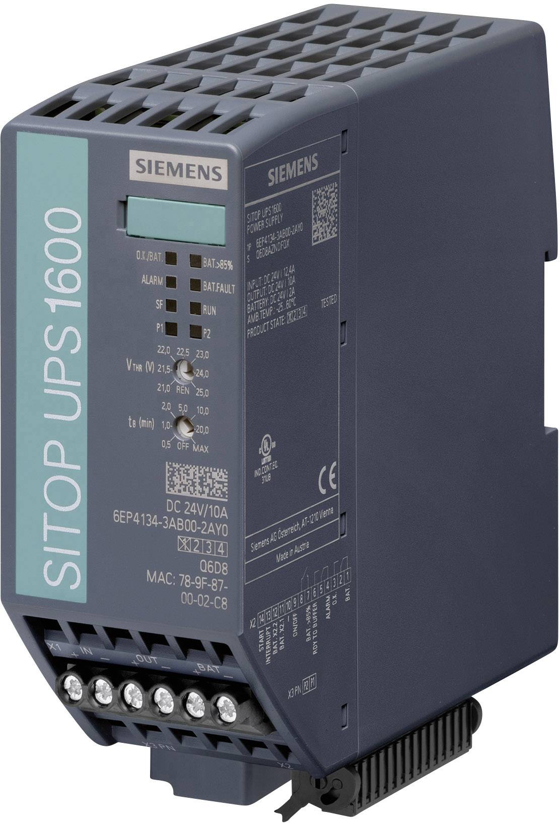 Un système d'alimentation sans interruption Siemens SITOP UPS1600 de couleur sombre avec des connexions et des étiquettes.