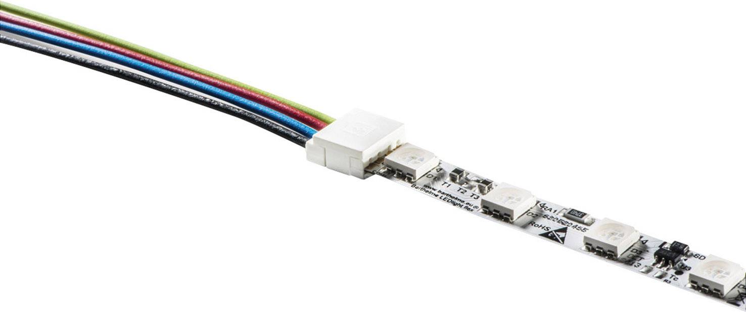Bande LED avec connecteur, fils de couleur (vert, bleu, rouge, noir, blanc) menant à la connexion.