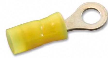 Cosse de câble jaune avec œillet, adaptée pour fixer des câbles sur des vis ou des boulons, avec gaine isolante en plastique.
