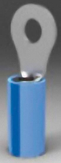 Une extrémité de câble électrique bleu avec un cosse à anneau argentée, comportant un œillet pour la fixation à une connexion.