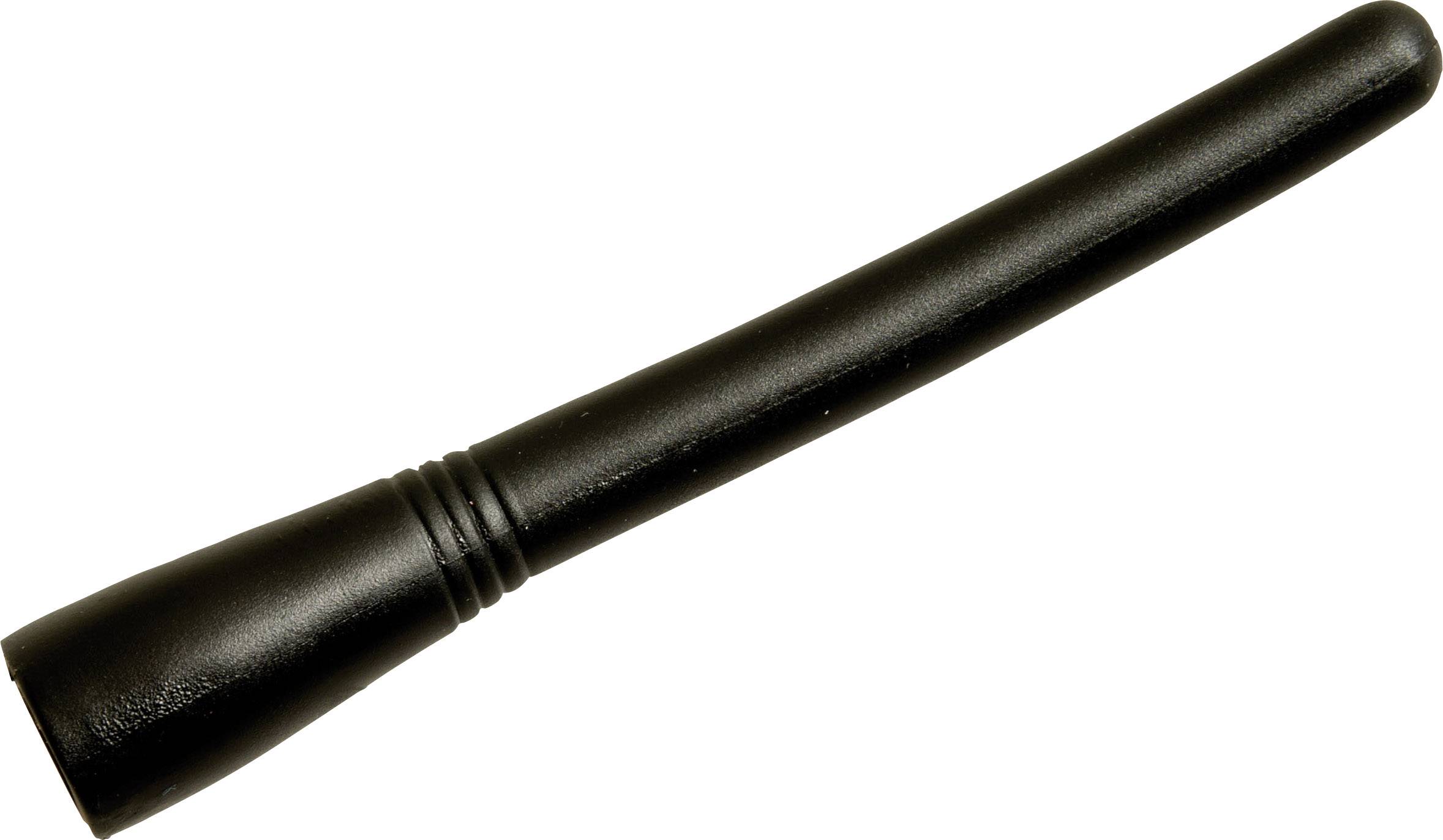 Une courte antenne noire en plastique, légèrement incurvée et lisse, sans marquages ni connexions visibles, sur un fond blanc.