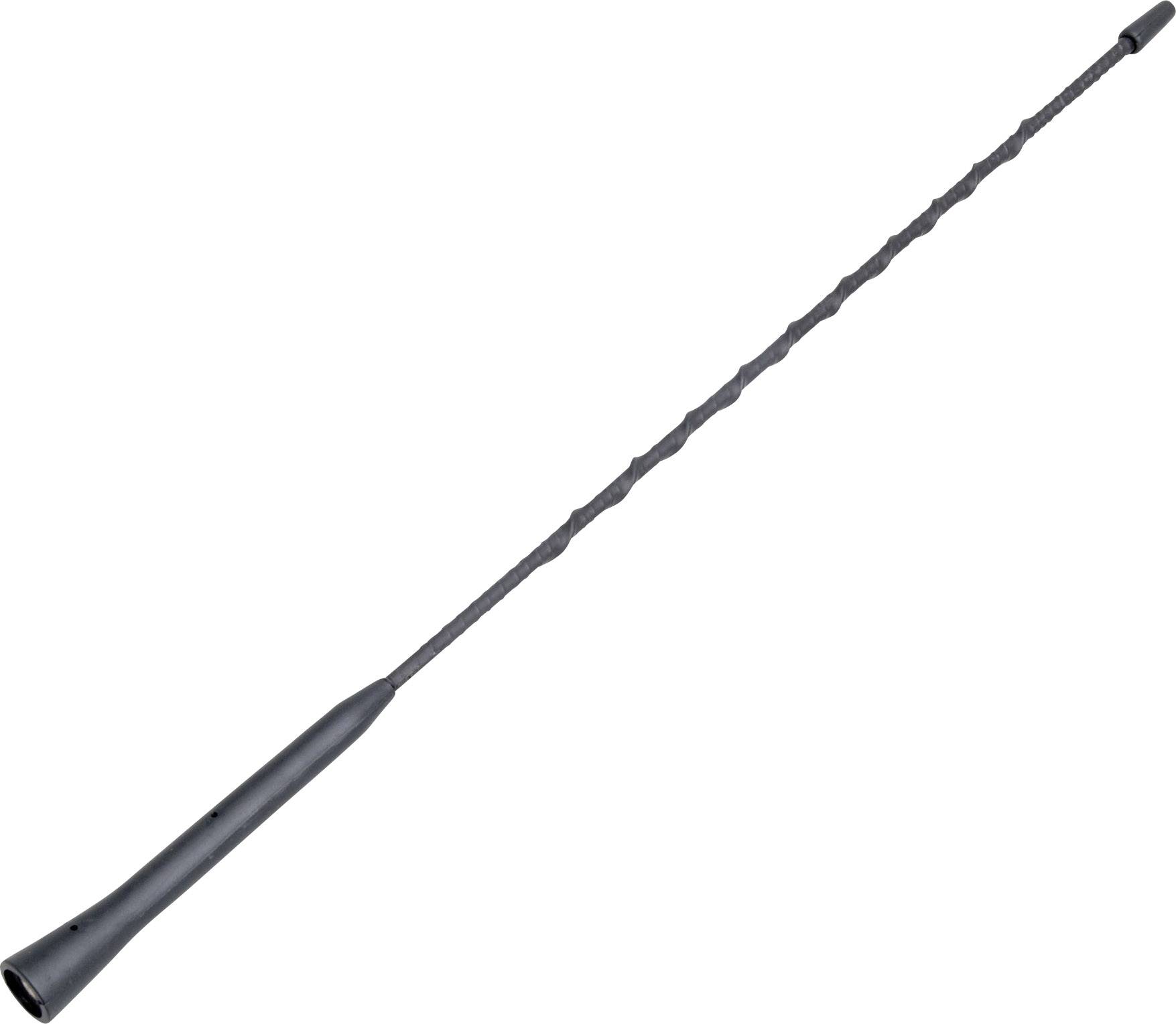 Une longue antenne de voiture noire et flexible qui se plie légèrement vers la droite.