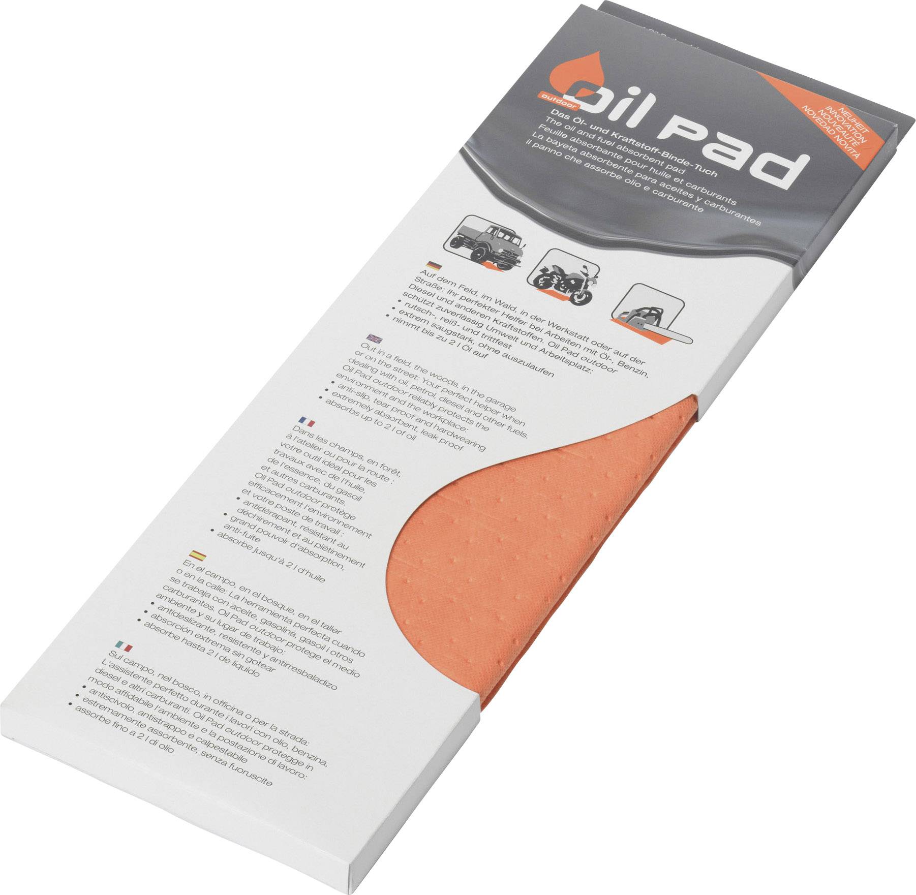 Un carton blanc, portant du texte et des illustrations. En haut est écrit 'Oil Pad', en dessous une image d'un chiffon absorbant orange.