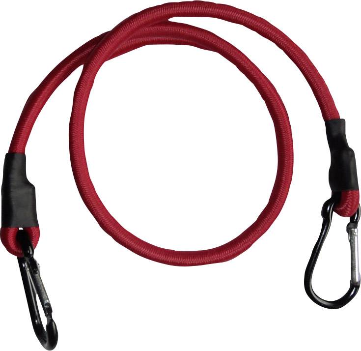 Corde élastique rouge avec deux crochets noirs aux extrémités.