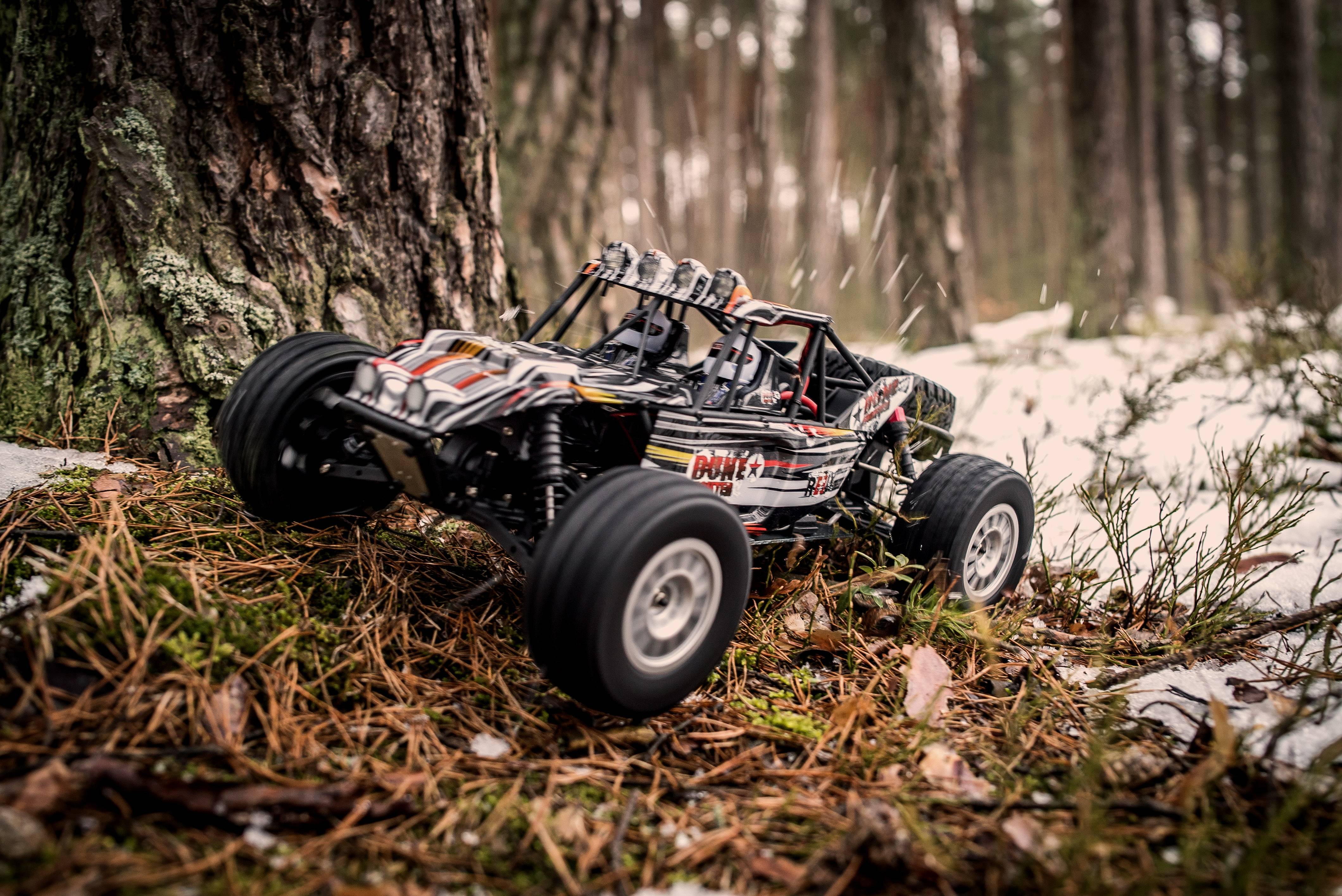 Une voiture télécommandée roule dans la forêt sur un sol enneigé. Elle a de grandes roues et se déplace sur un terrain accidenté.