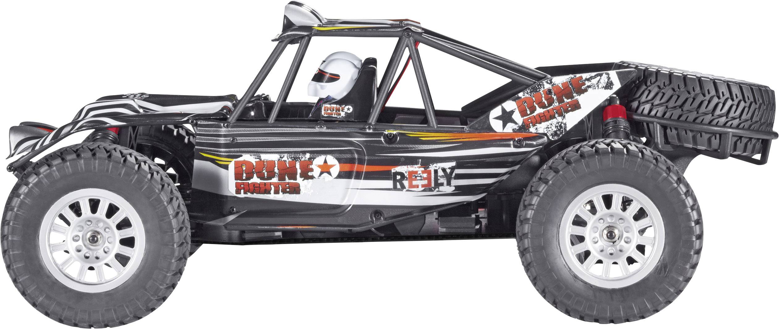 Une voiture télécommandée de style buggy désertique, noir et blanc avec des bandes oranges, complète avec une roue de secours à l'arrière.