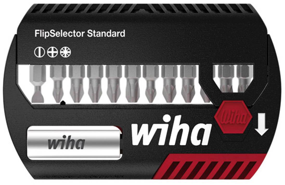 Jeu d'embouts de tournevis 'FlipSelector Standard' de Wiha avec douze embouts dans un boîtier compact rouge, noir et blanc.