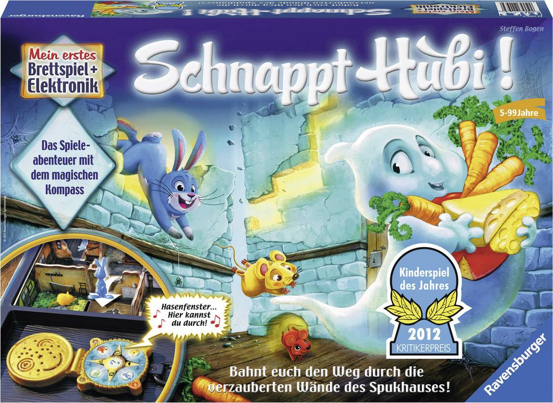 Un jeu de société appelé 'Attrape Hubi !' montre un fantôme volant à travers une maison hantée. Titre 'Jeu pour enfants de l'année 2012'. Convient aux personnes âgées de 5 à 99 ans.