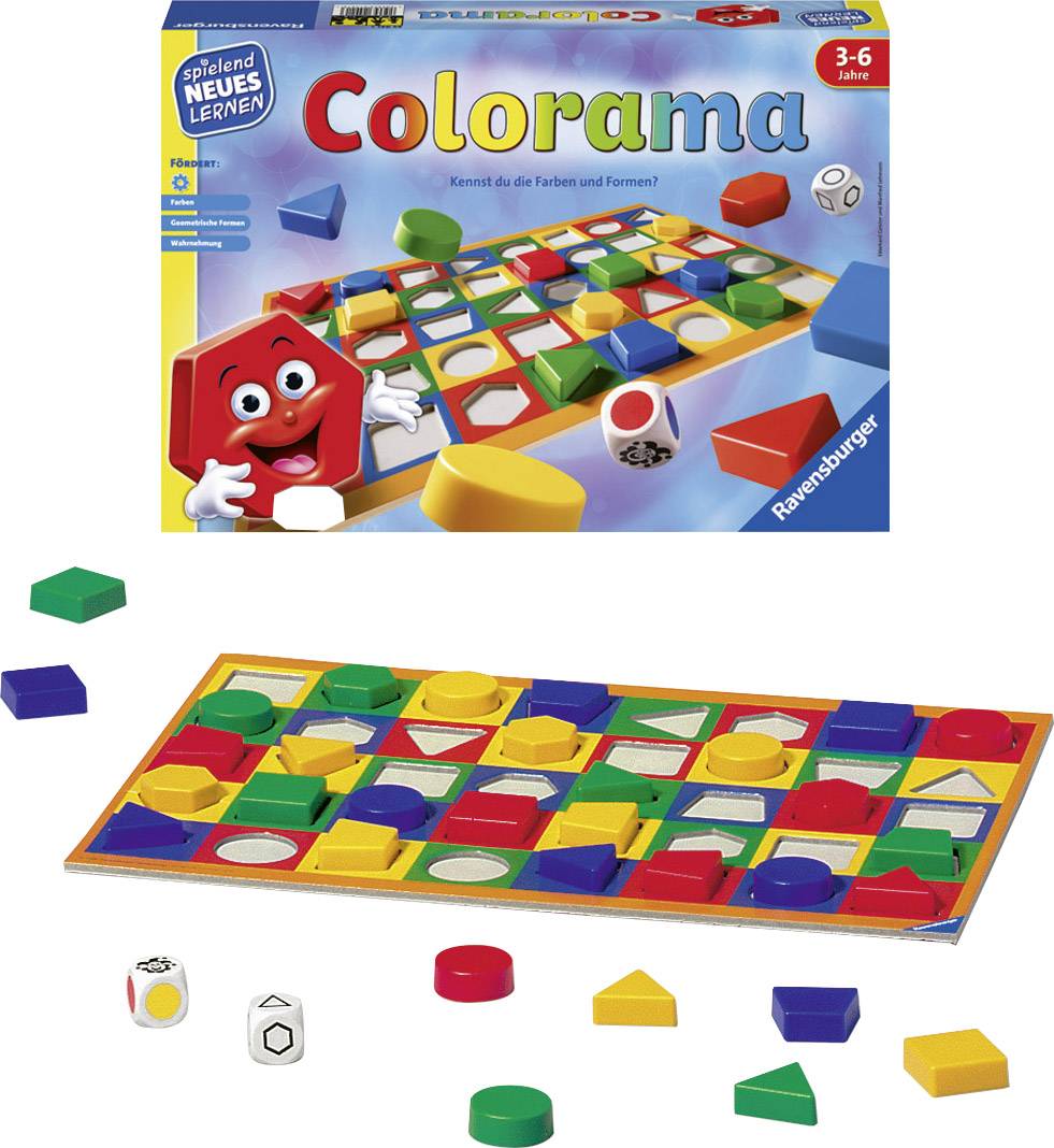 Jeu de société Colorama : Plateau de jeu avec des formes colorées et des dés. L'objectif est d'associer correctement les formes et les couleurs. Pour les enfants à partir de 3 ans.