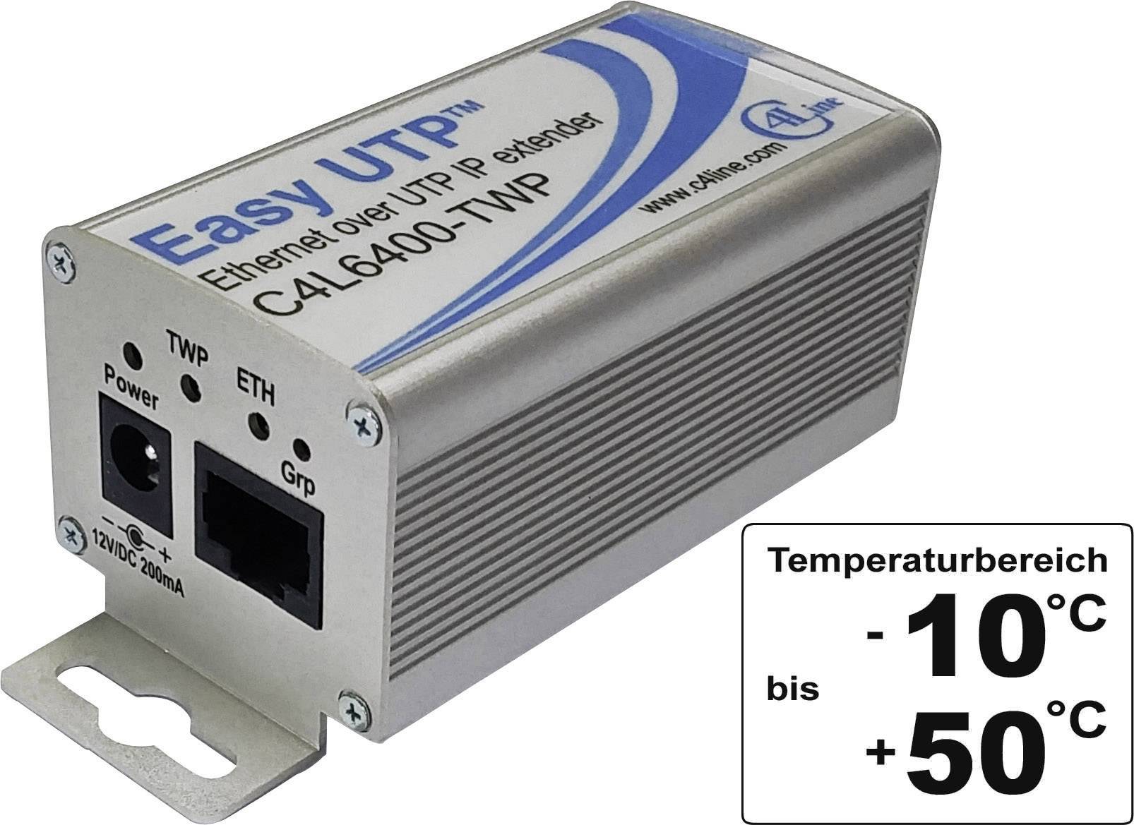 Un prolongateur Ethernet gris portant l'inscription 'Easy UTP', doté de connexions pour TWP et ETH, adapté aux températures de -10°C à +50°C.